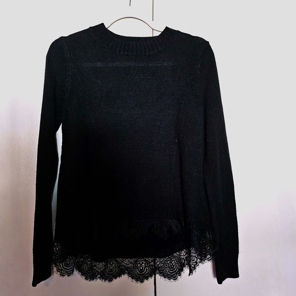 SO Medium Black Knit Long Sleeve Top with Lace Trim Office Wear